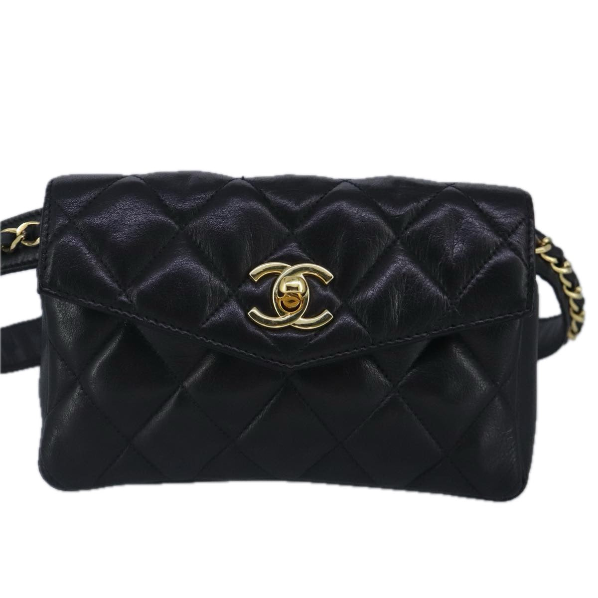 CHANEL Matelasse Chain Waist bag Lamb Skin Black Gold CC Auth bs20175