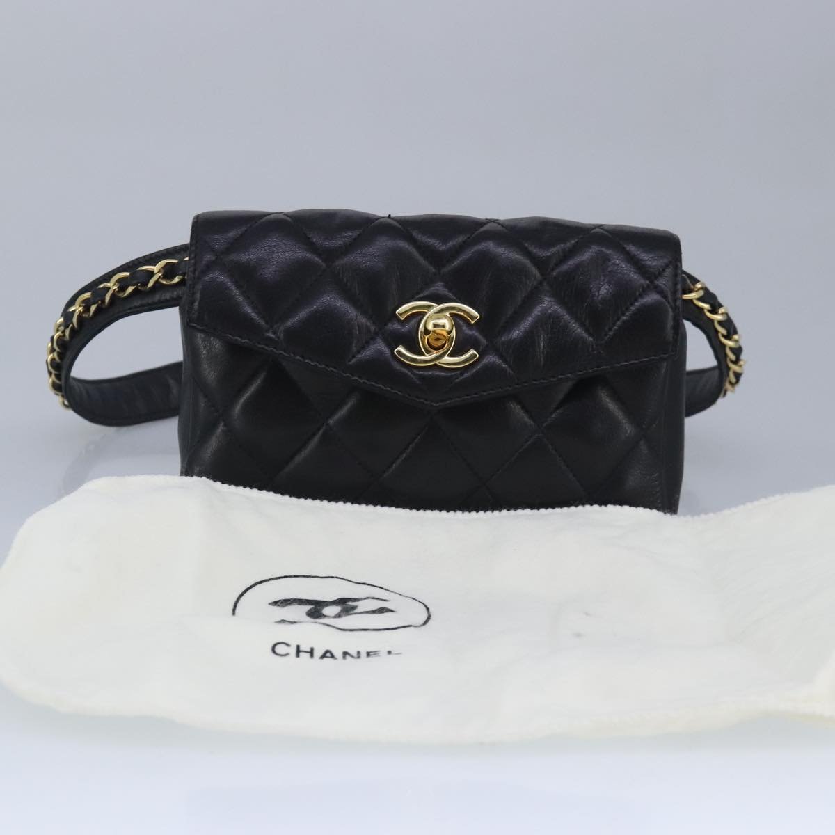 CHANEL Matelasse Chain Waist bag Lamb Skin Black Gold CC Auth bs20175