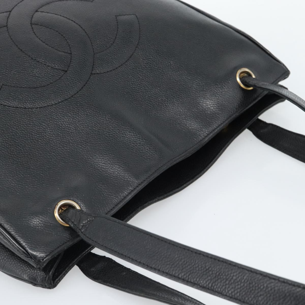 CHANEL COCO Mark Tote Bag Caviar Skin Black Gold CC Auth bs20388