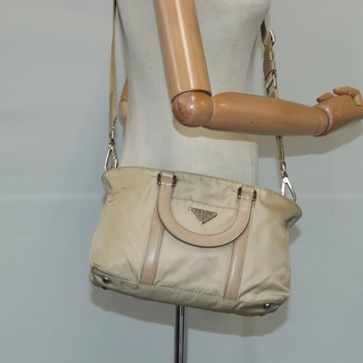 PRADA Shoulder Bag Nylon 2way Beige Silver Auth bs20501