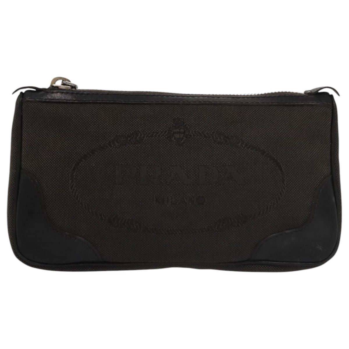 PRADA Pouch Canvas Leather Brown Silver Auth bs20555