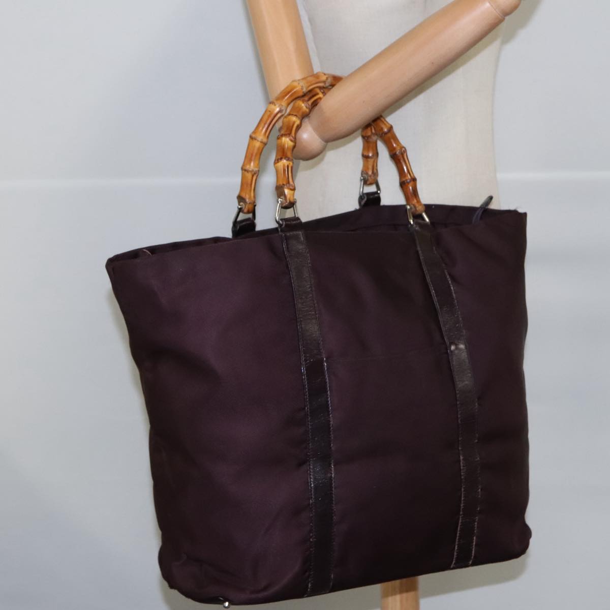 GUCCI Bamboo Hand Bag Nylon Brown Silver 002 2854 0412 5 Auth bs20650