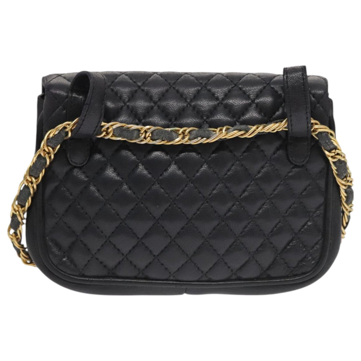 BALLY Shoulder Bag Leather Navy Gold Auth bs20712