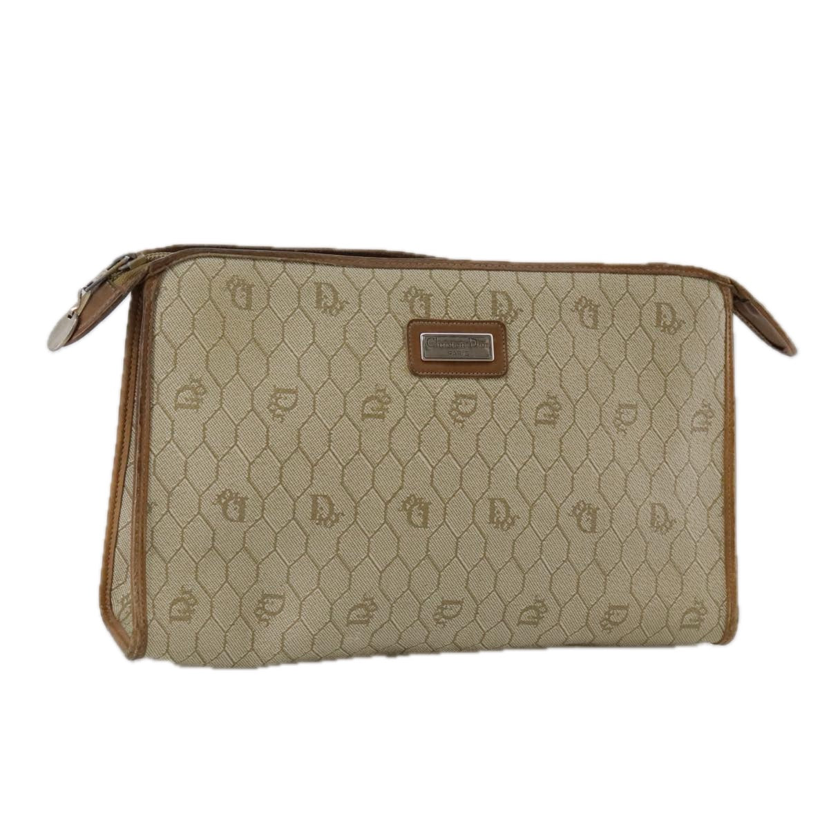 Christian Dior Honeycomb Canvas Clutch Bag PVC Leather Beige Auth bs20832