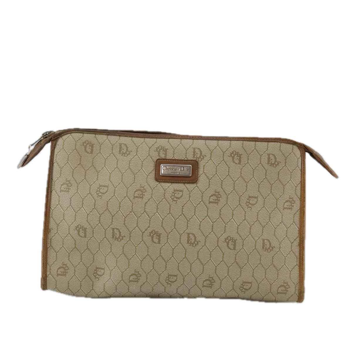 Christian Dior Honeycomb Canvas Clutch Bag PVC Leather Beige Auth bs20832