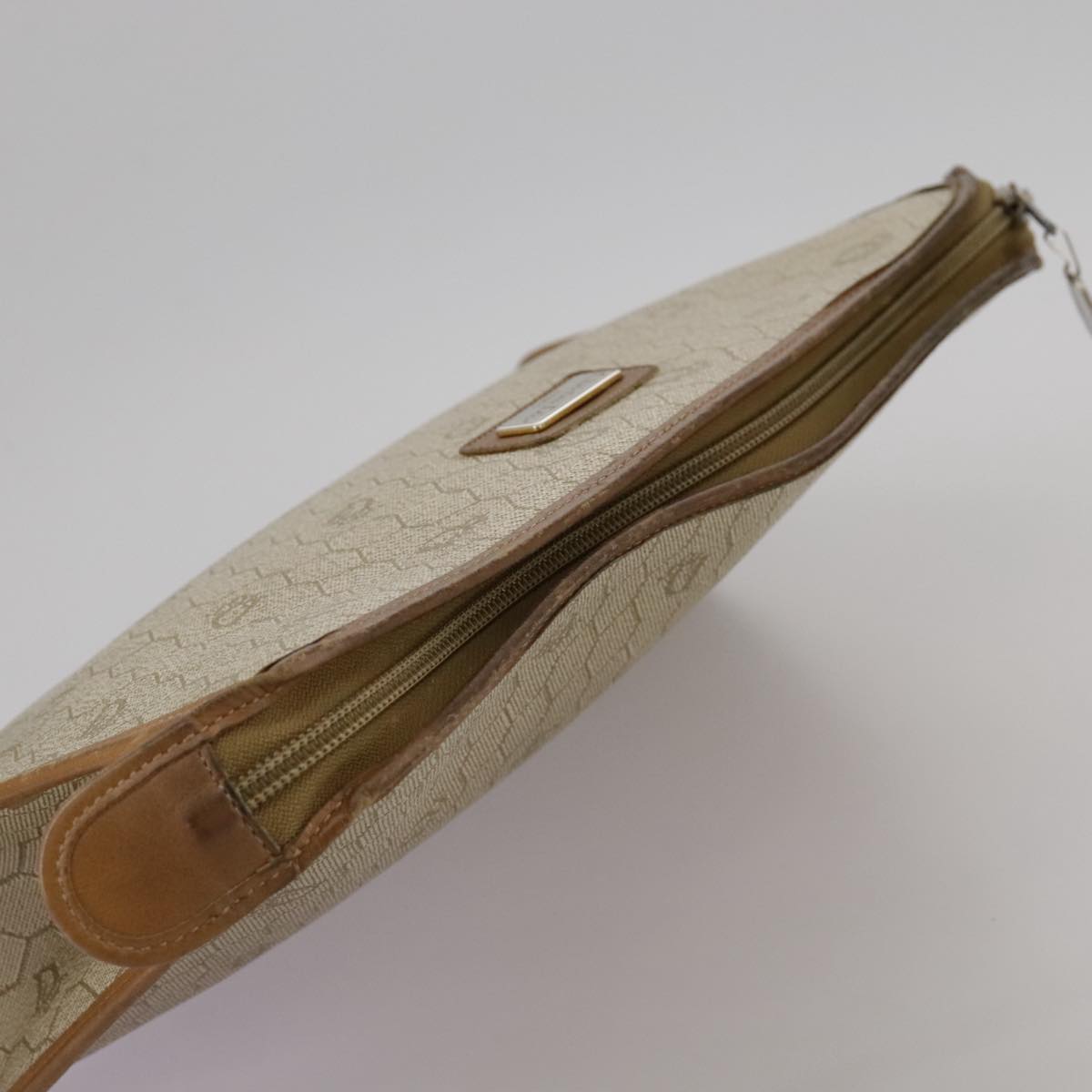 Christian Dior Honeycomb Canvas Clutch Bag PVC Leather Beige Auth bs20832