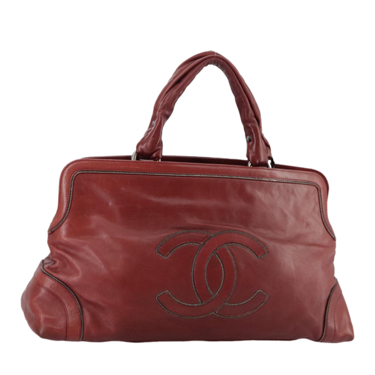 CHANEL COCO Mark Hand Bag Leather Red Silver CC Auth bs20904