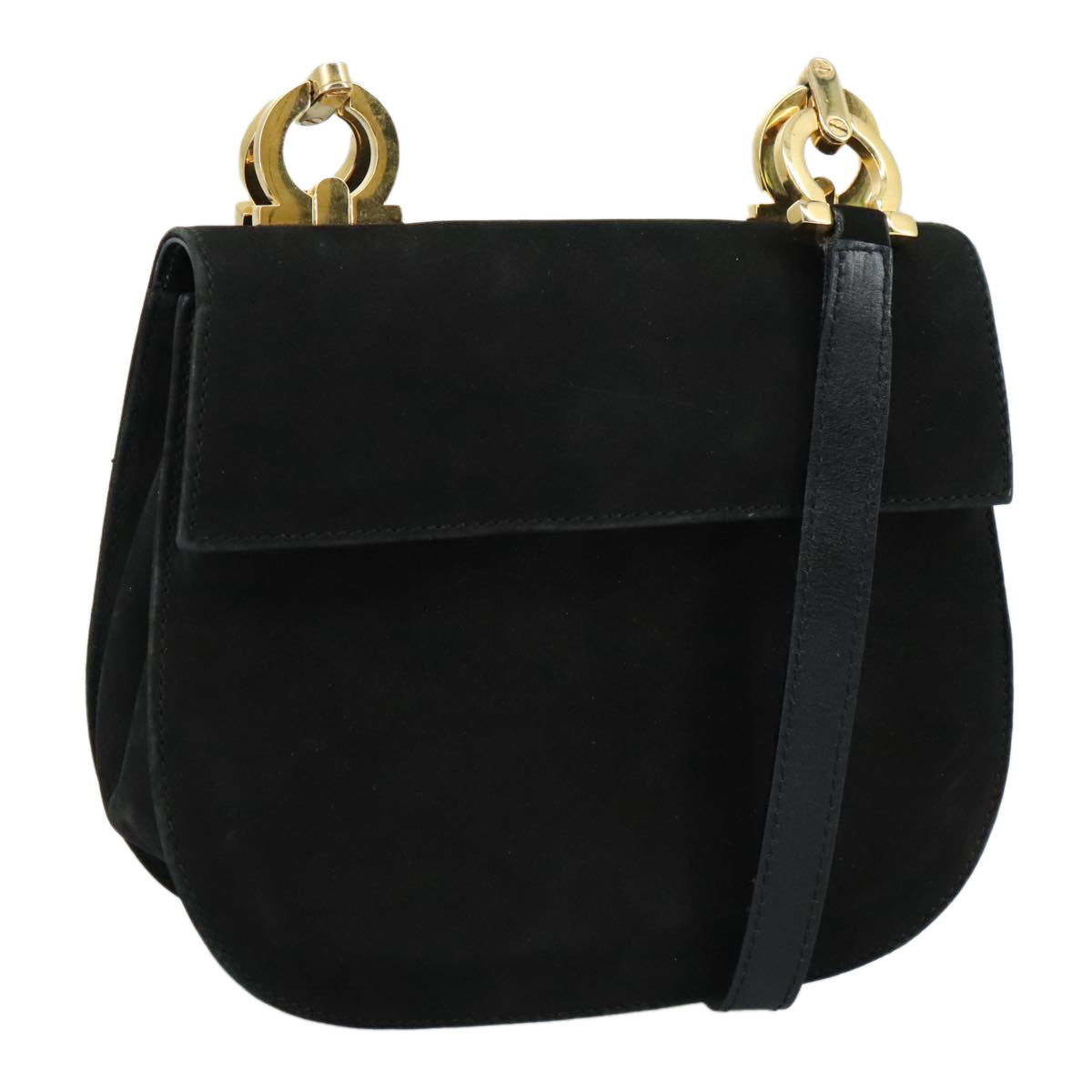 Salvatore Ferragamo Gancini Shoulder Bag Suede Black Gold Auth bs20936