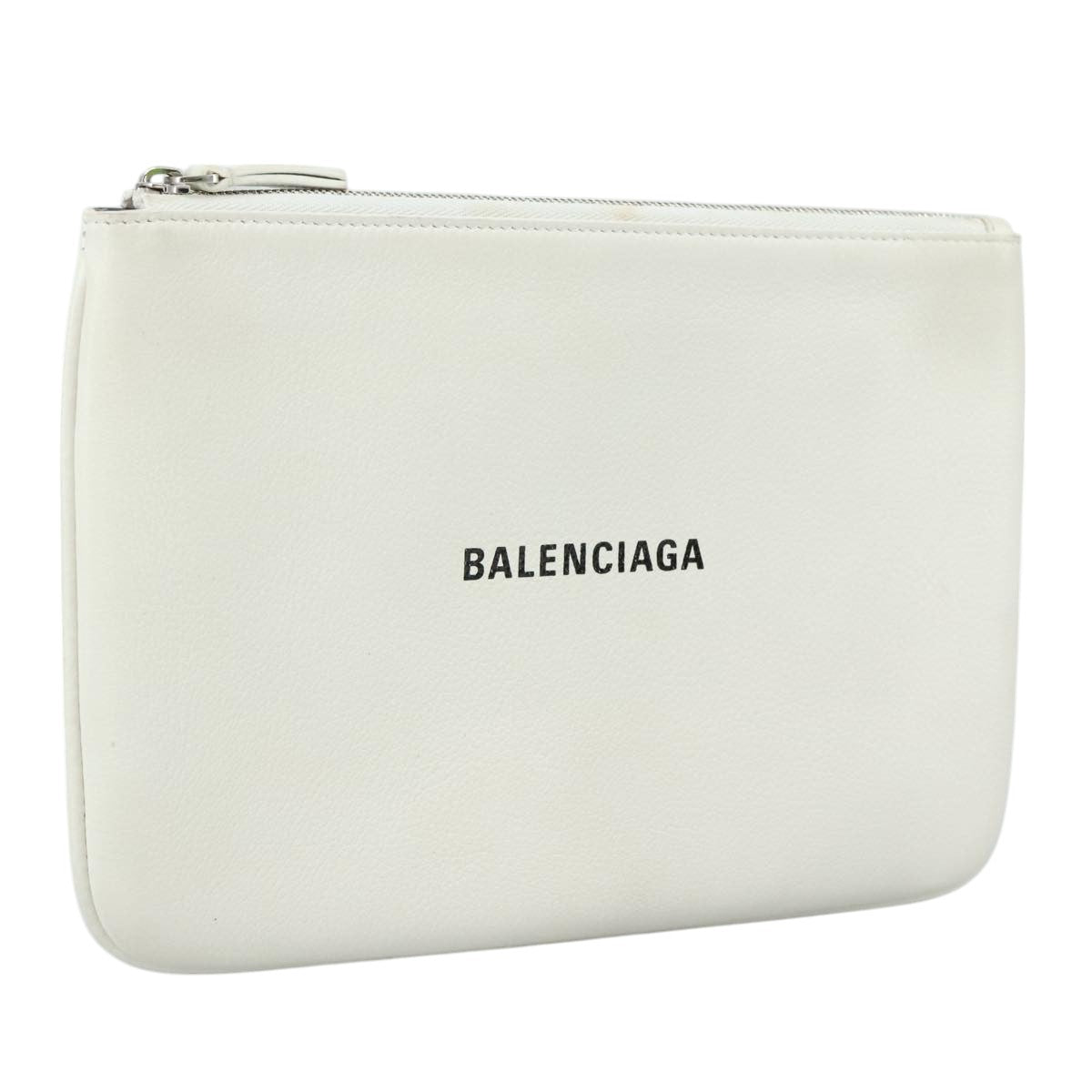 BALENCIAGA Pouch Leather White Silver 551992 Auth bs21014