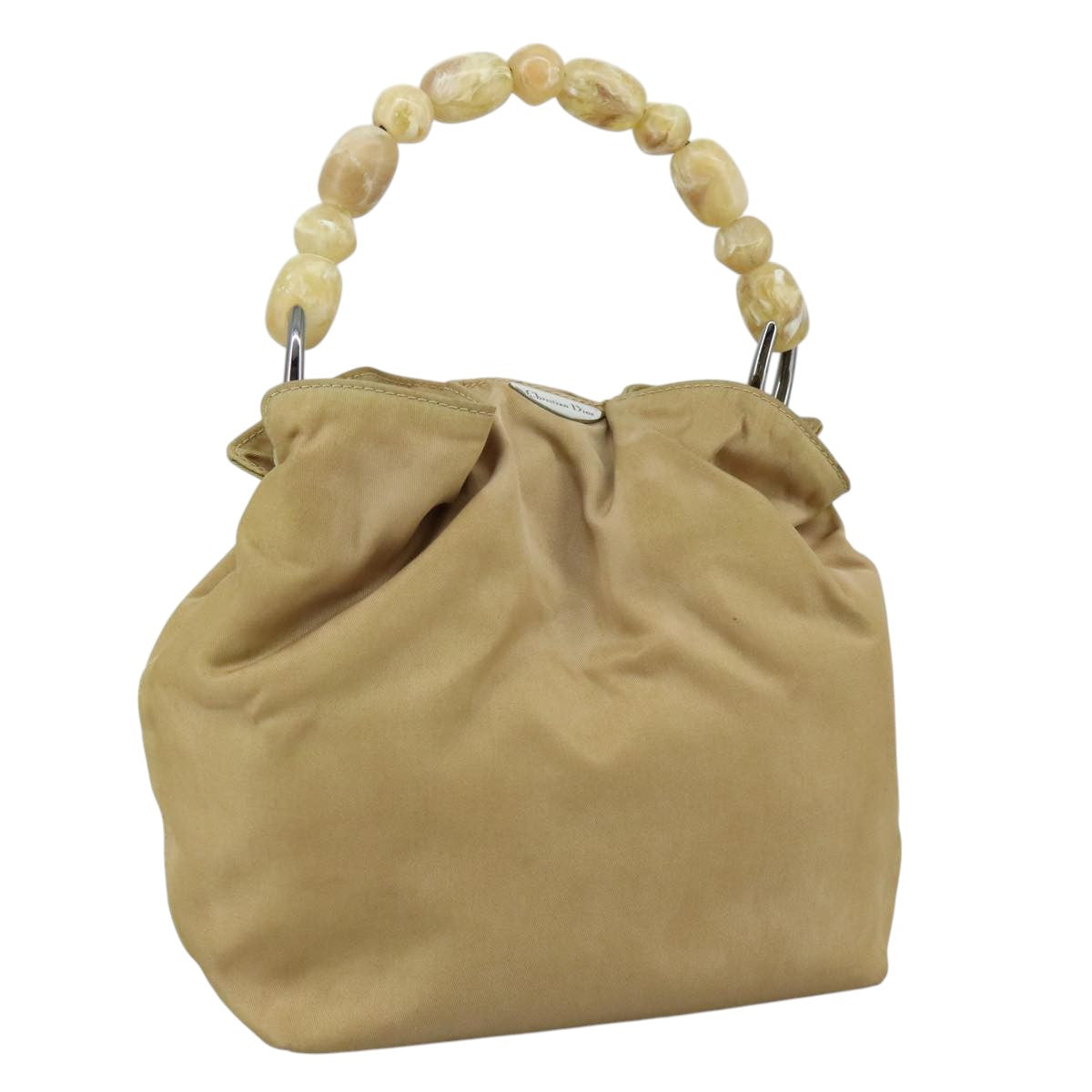 Christian Dior Maris Pearl Hand Bag Nylon Beige Silver Auth bs21021