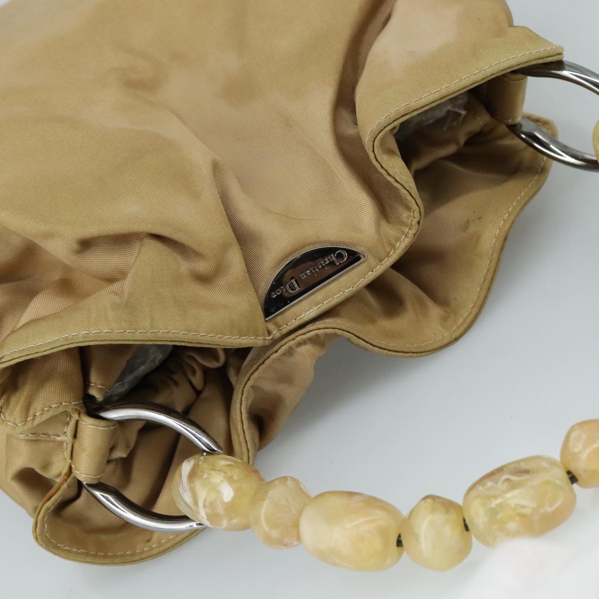 Christian Dior Maris Pearl Hand Bag Nylon Beige Silver Auth bs21021