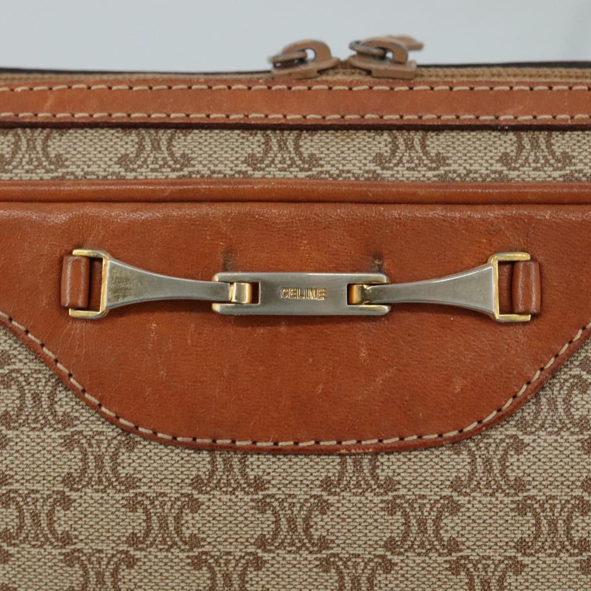 CELINE Macadam Canvas Shoulder Bag Beige Auth bs21025