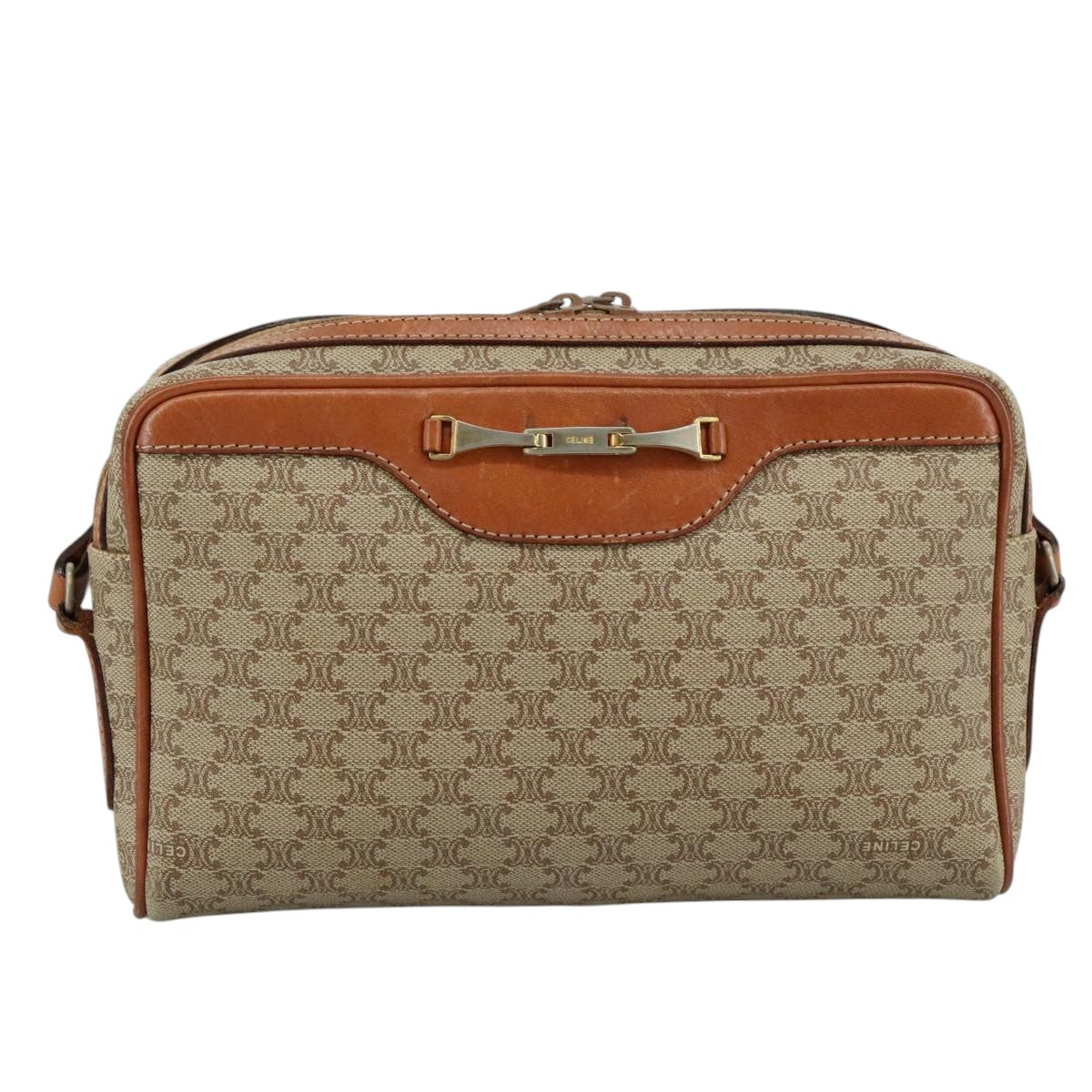 CELINE Macadam Canvas Shoulder Bag Beige Auth bs21025