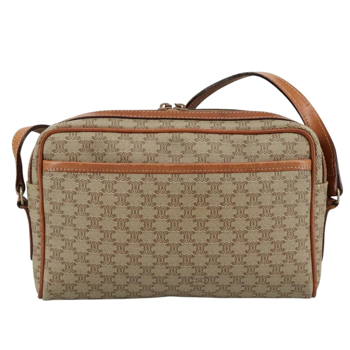 CELINE Macadam Canvas Shoulder Bag Beige Auth bs21025