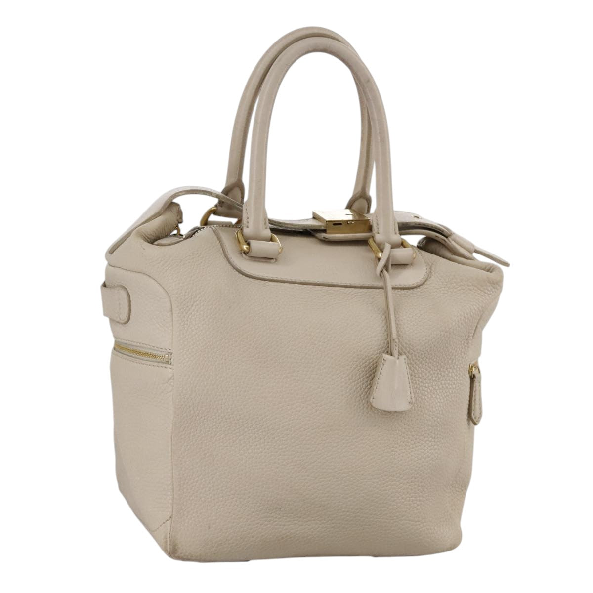 CELINE Hand Bag Leather Beige Gold Auth bs21026