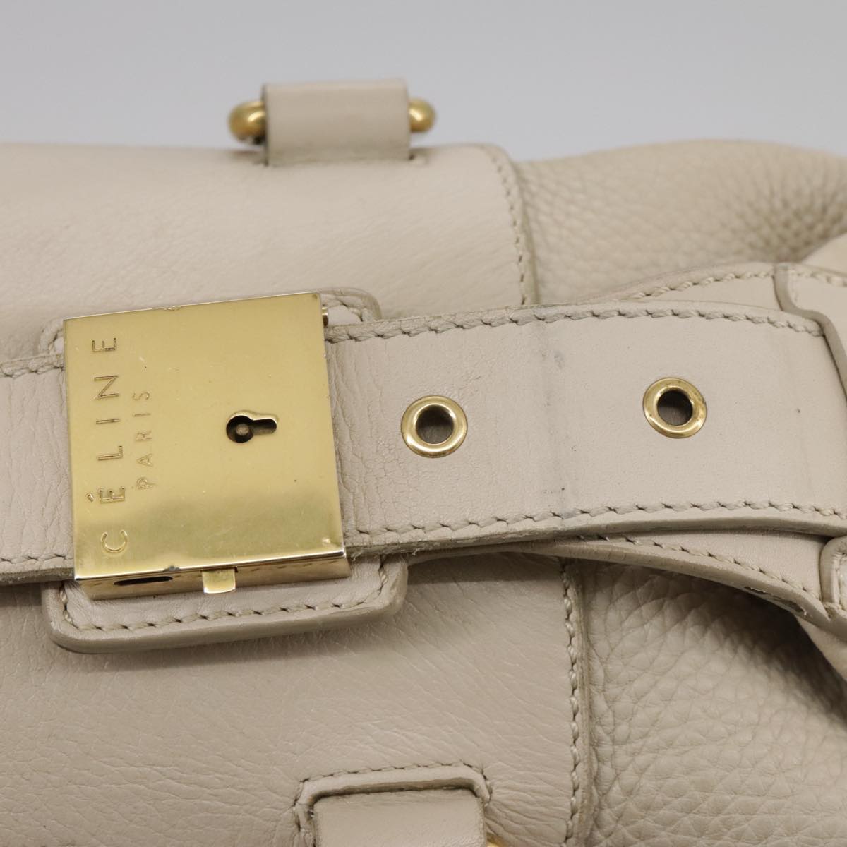 CELINE Hand Bag Leather Beige Gold Auth bs21026