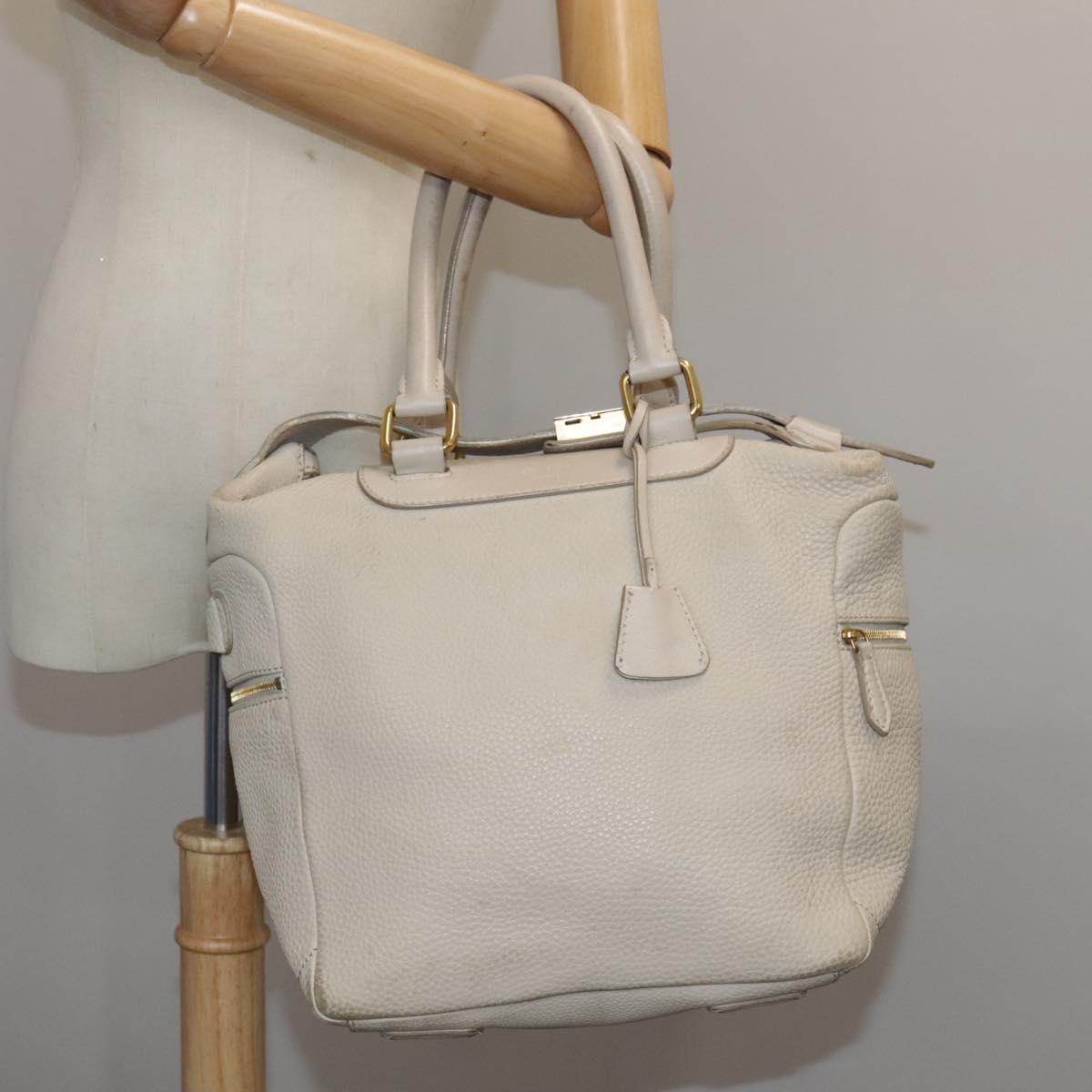 CELINE Hand Bag Leather Beige Gold Auth bs21026