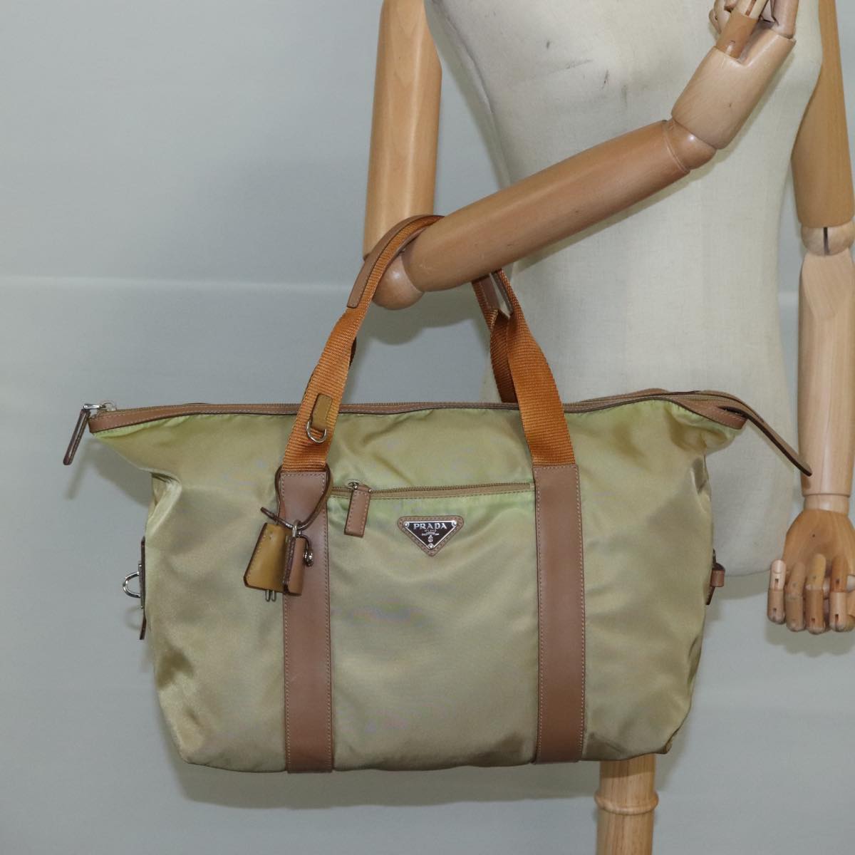 PRADA Hand Bag Nylon Beige Auth bs21036