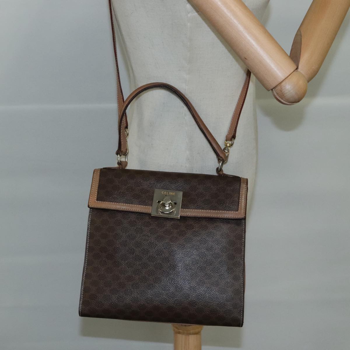 CELINE Macadam Canvas Hand Bag PVC Leather 2way Brown Auth bs21088