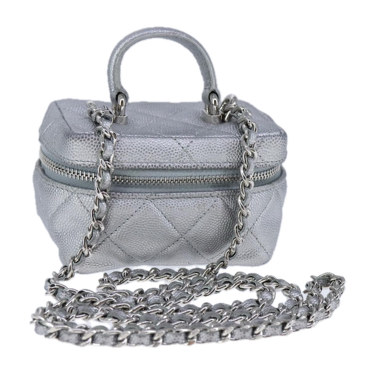 CHANEL Matelasse Hand Bag Caviar Skin 2way Silver CC Auth bs21131