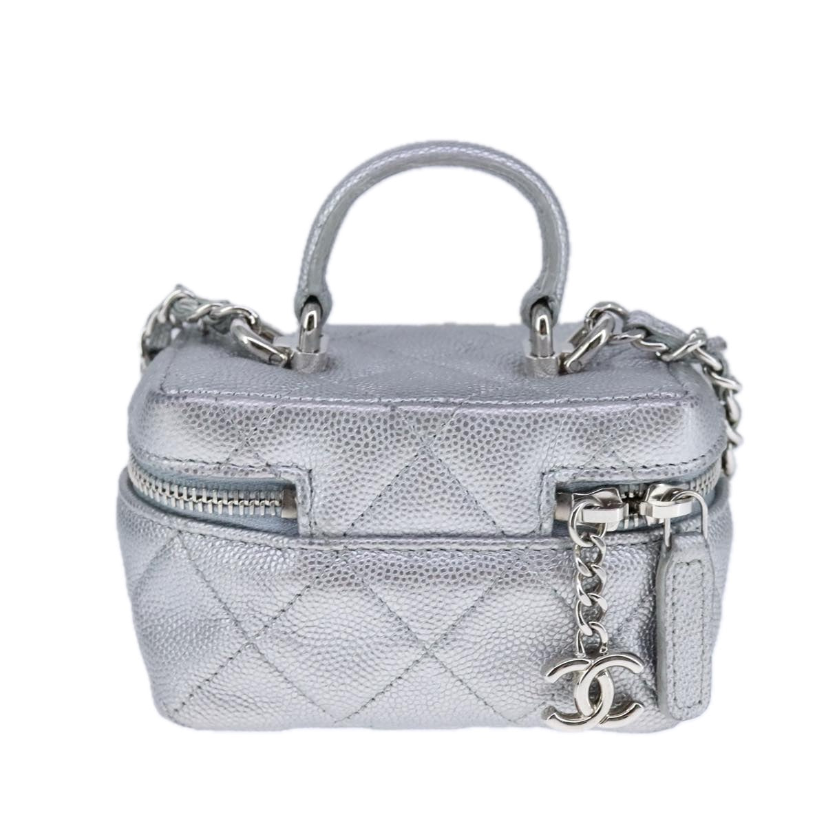 CHANEL Matelasse Hand Bag Caviar Skin 2way Silver CC Auth bs21131