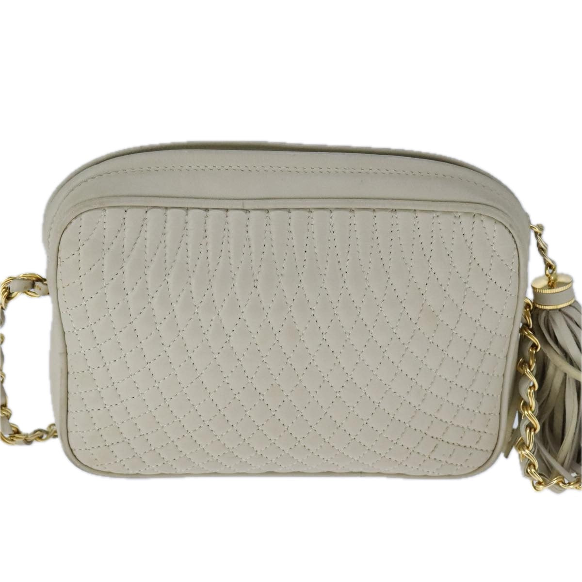 BALLY Chain Quilted Shoulder Bag Leather Beige Gold Auth bs21142