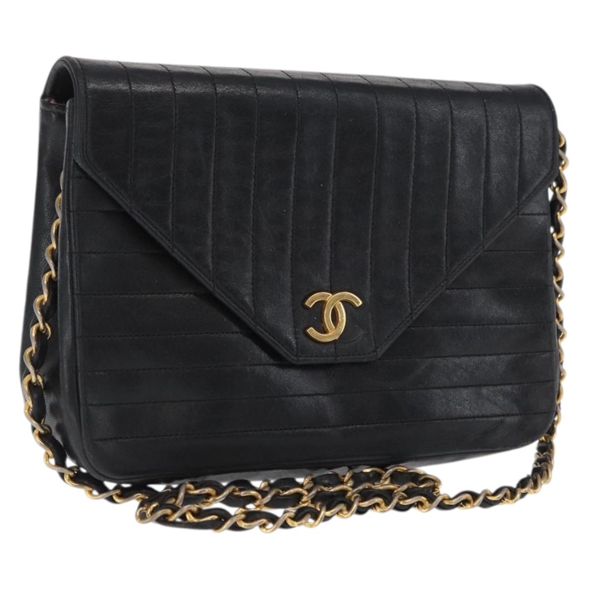 CHANEL Mademoiselle Chain Shoulder Bag Lamb Skin Black Gold CC Auth bs21196