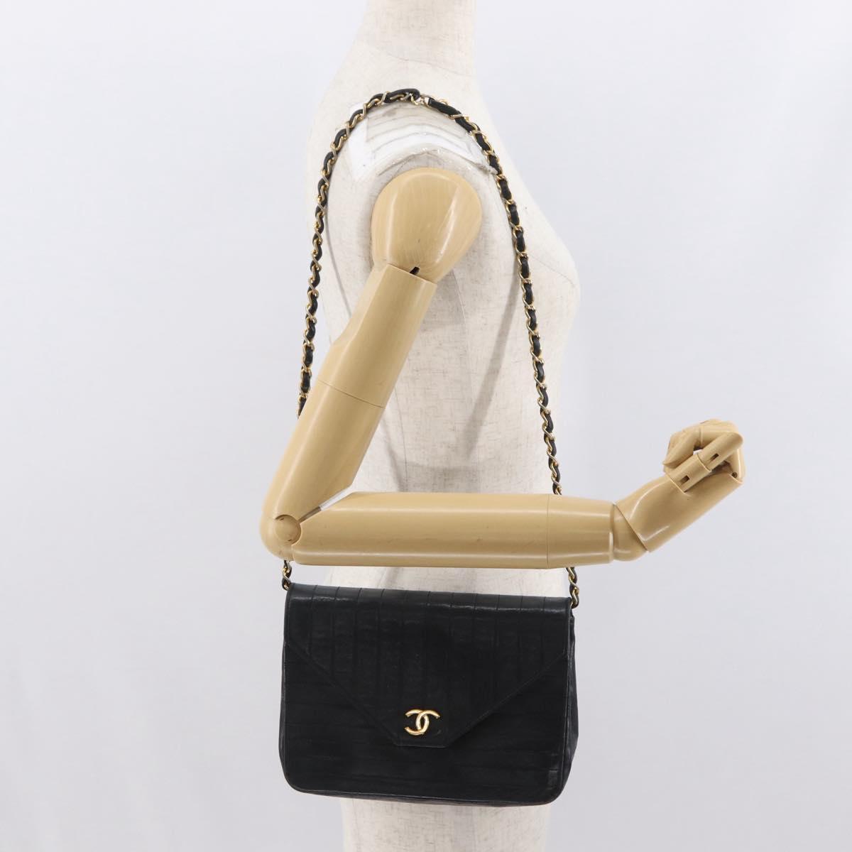 CHANEL Mademoiselle Chain Shoulder Bag Lamb Skin Black Gold CC Auth bs21196