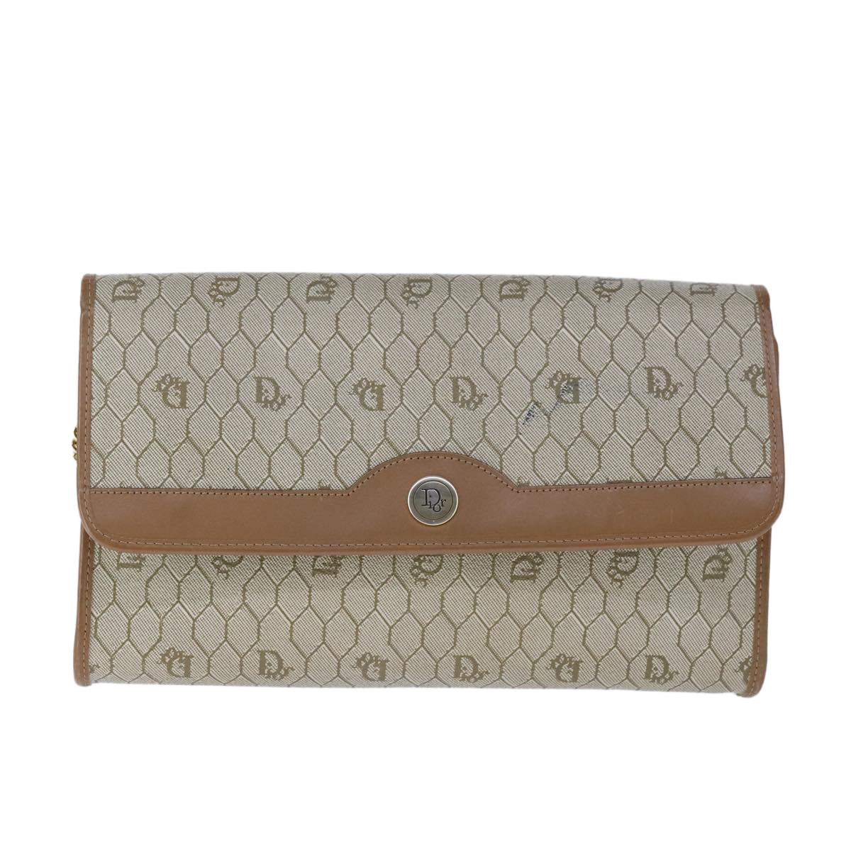 Christian Dior Honeycomb Canvas Chain Shoulder Bag PVC Beige Gold Auth bs21206