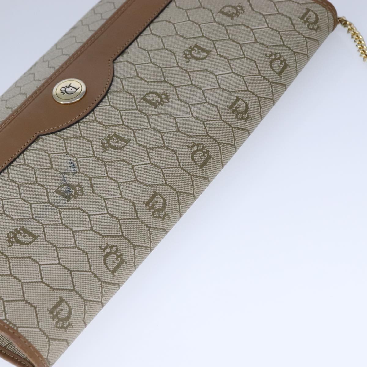 Christian Dior Honeycomb Canvas Chain Shoulder Bag PVC Beige Gold Auth bs21206