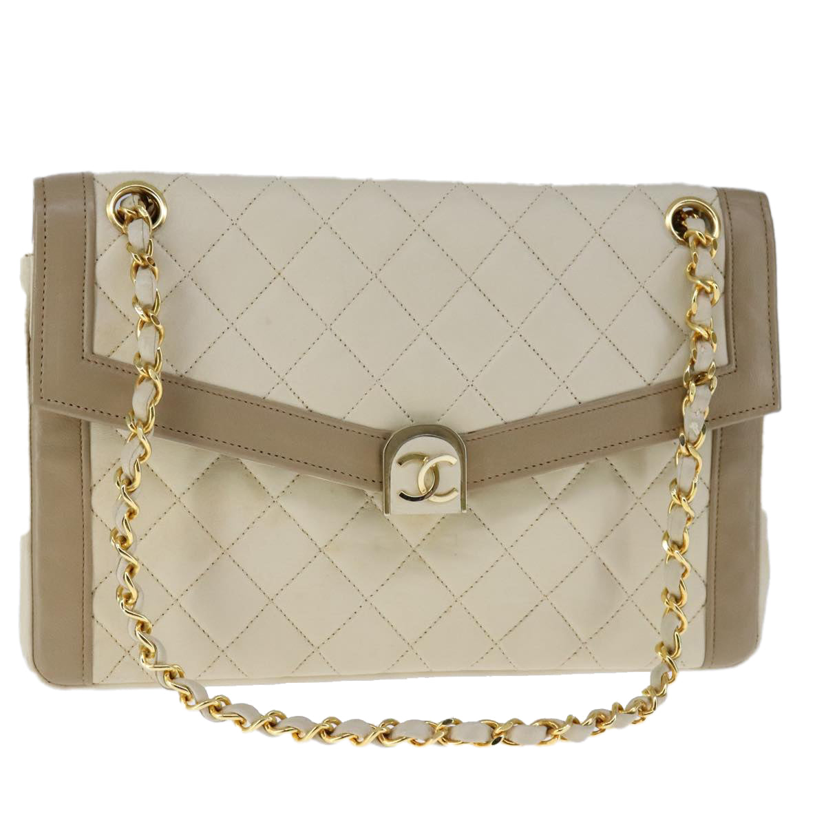 CHANEL Matelasse Chain Hand Bag Lamb Skin Beige Gold CC Auth bs21211