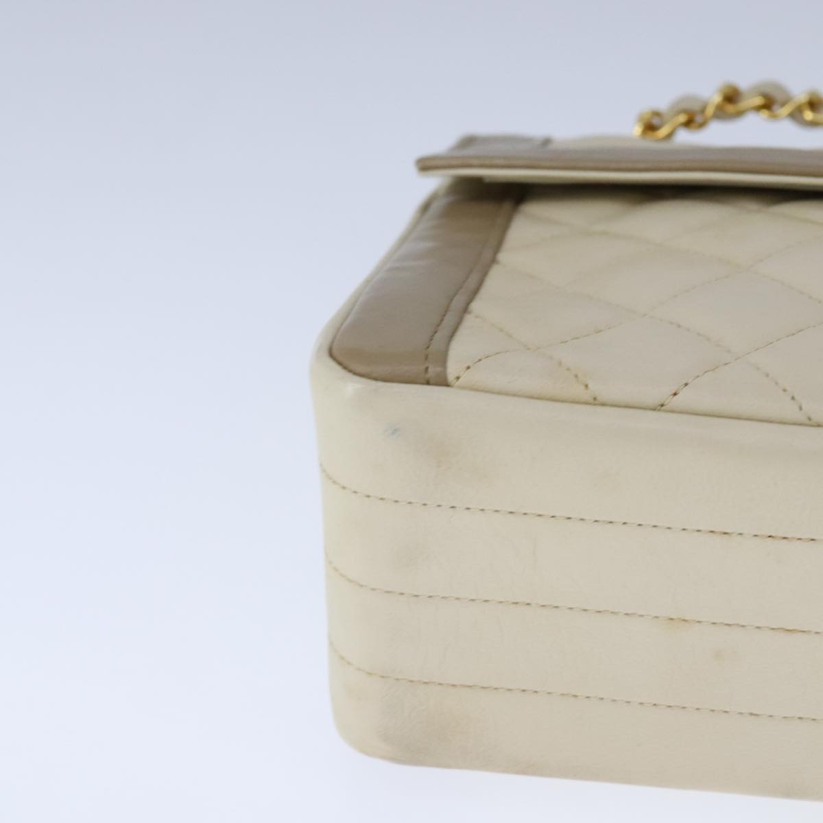 CHANEL Matelasse Chain Hand Bag Lamb Skin Beige Gold CC Auth bs21211