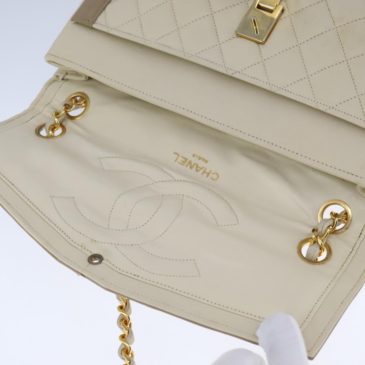 CHANEL Matelasse Chain Hand Bag Lamb Skin Beige Gold CC Auth bs21211