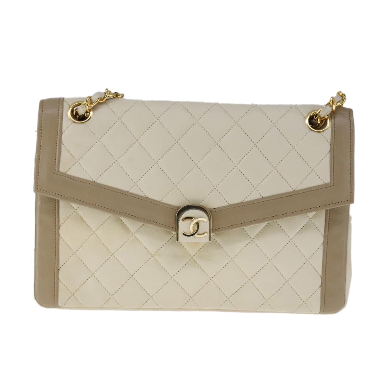 CHANEL Matelasse Chain Hand Bag Lamb Skin Beige Gold CC Auth bs21211