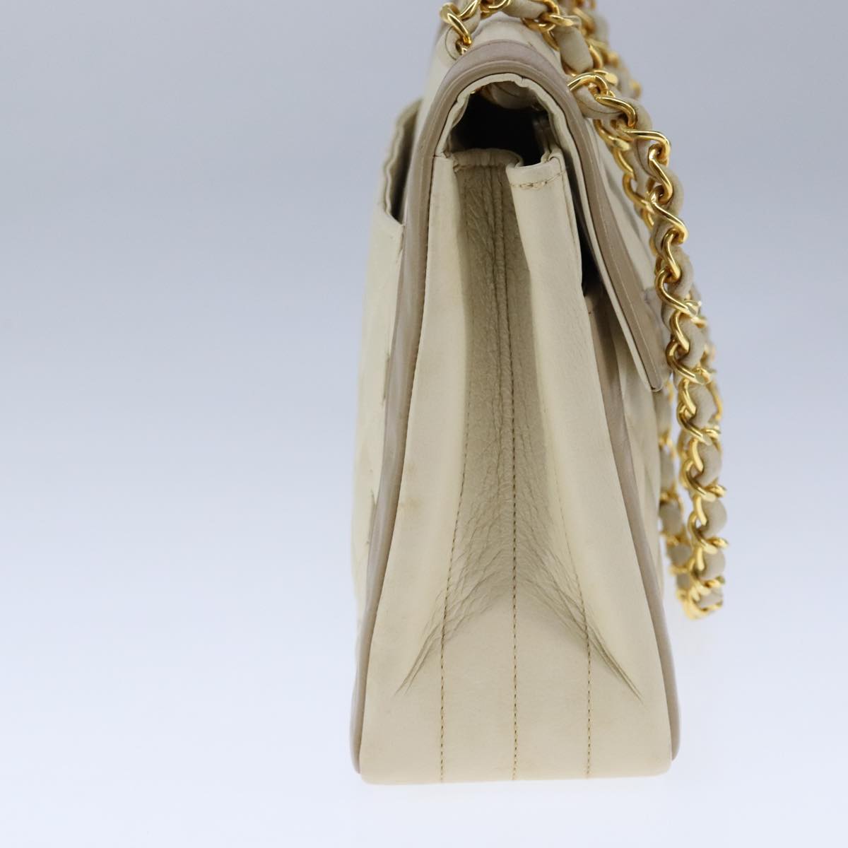 CHANEL Matelasse Chain Hand Bag Lamb Skin Beige Gold CC Auth bs21211