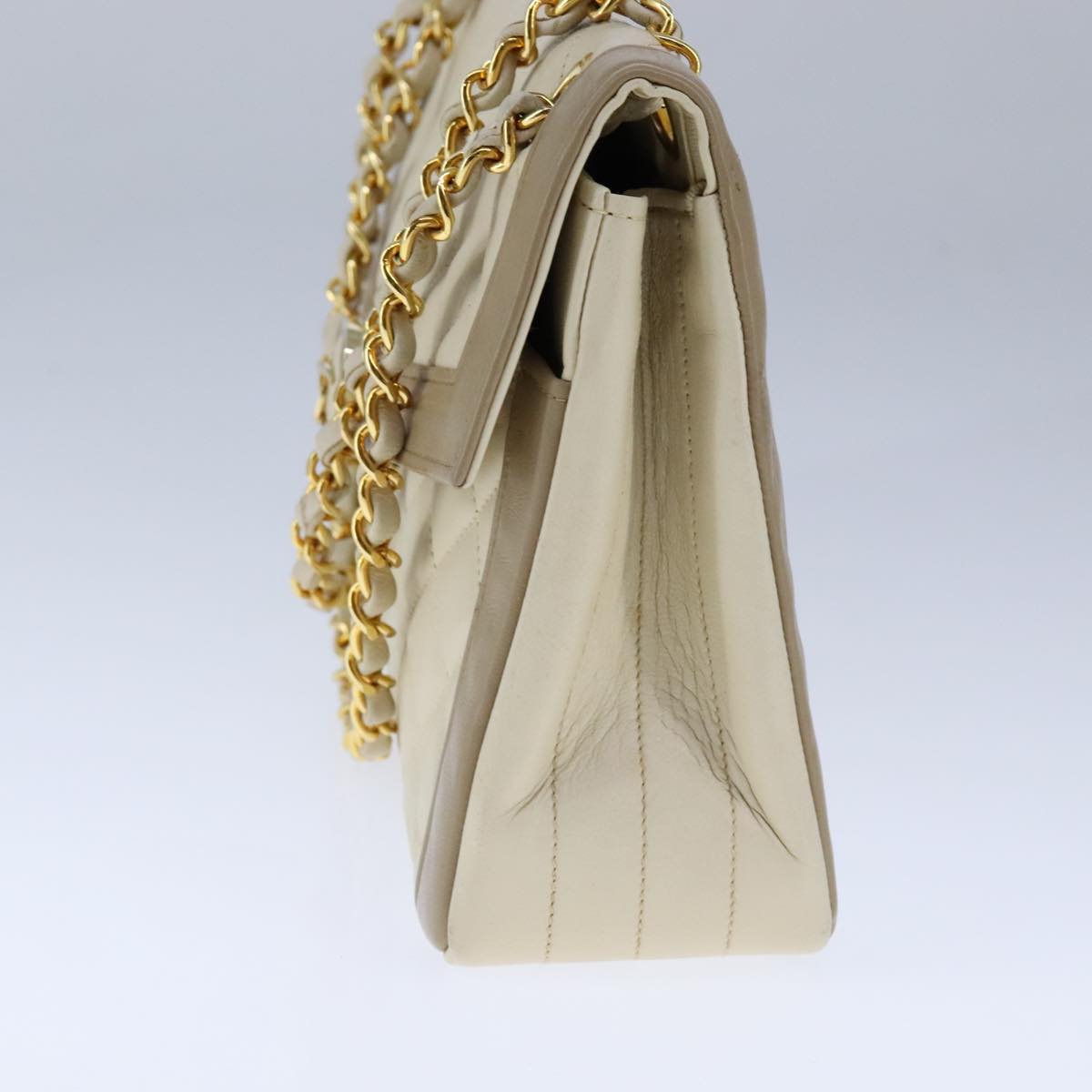 CHANEL Matelasse Chain Hand Bag Lamb Skin Beige Gold CC Auth bs21211