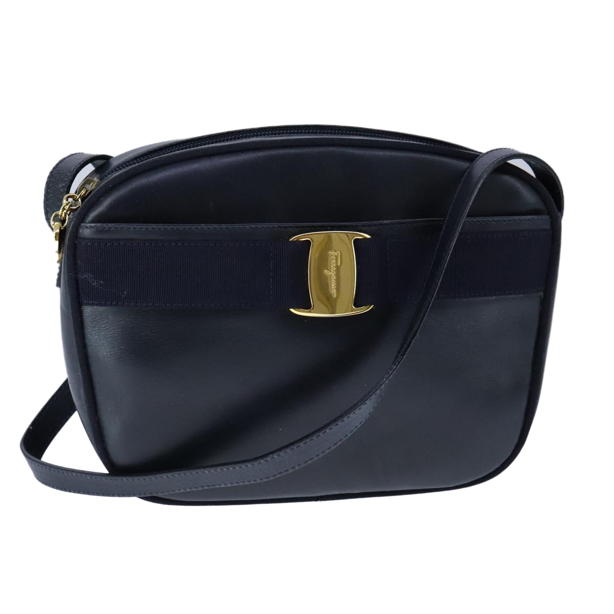 Salvatore Ferragamo Vala Shoulder Bag Leather Navy Gold Auth bs21294