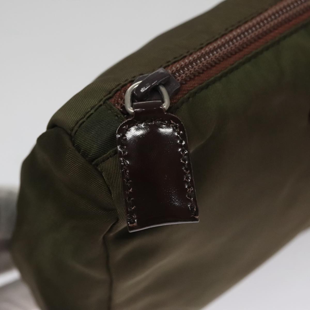 PRADA Pouch Nylon Khaki Silver Auth bs21351