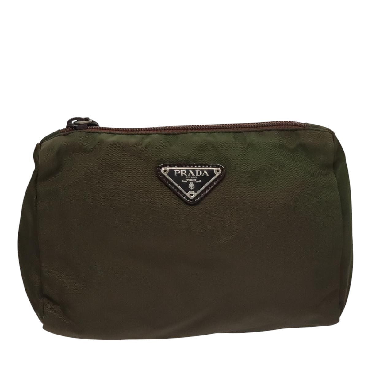 PRADA Pouch Nylon Khaki Silver Auth bs21351