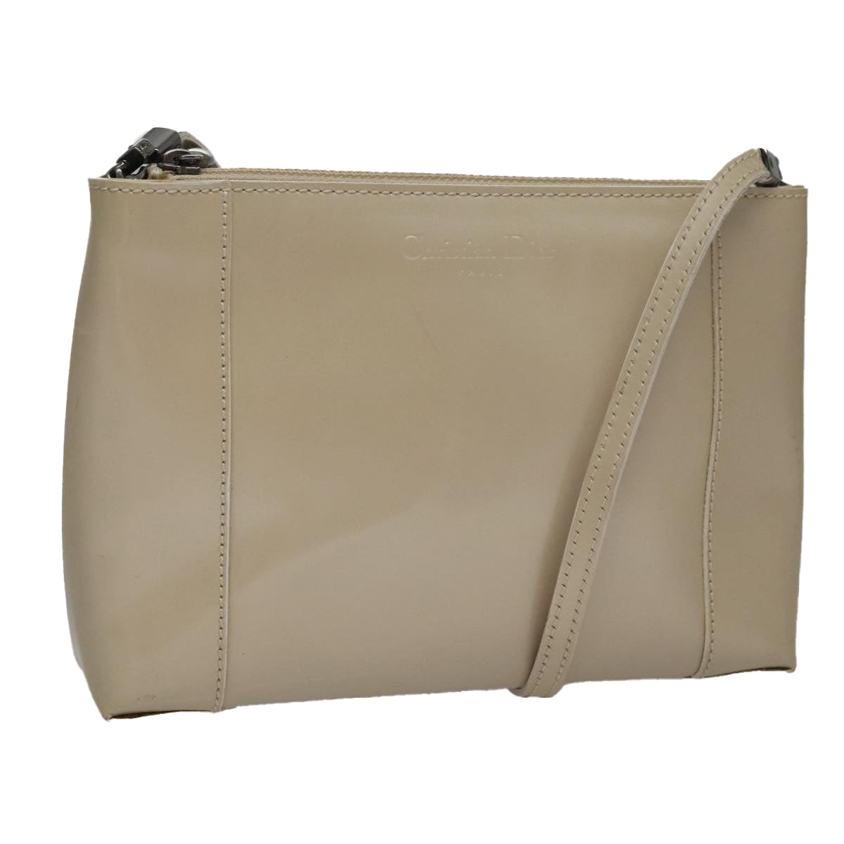 Christian Dior Shoulder Bag Patent leather Beige Silver Auth bs21422