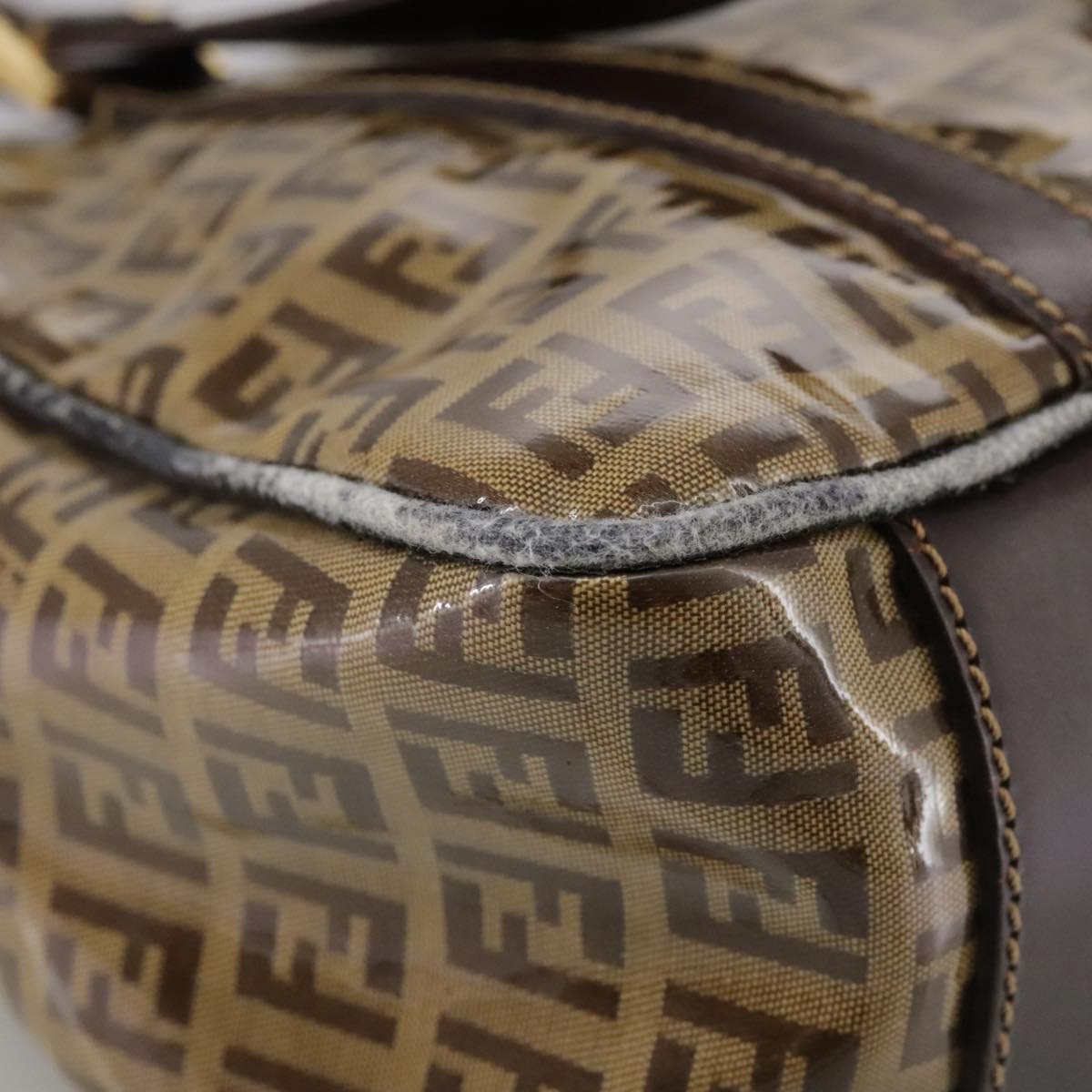 FENDI Zucchino Canvas Hand Bag Brown Gold Auth bs21516