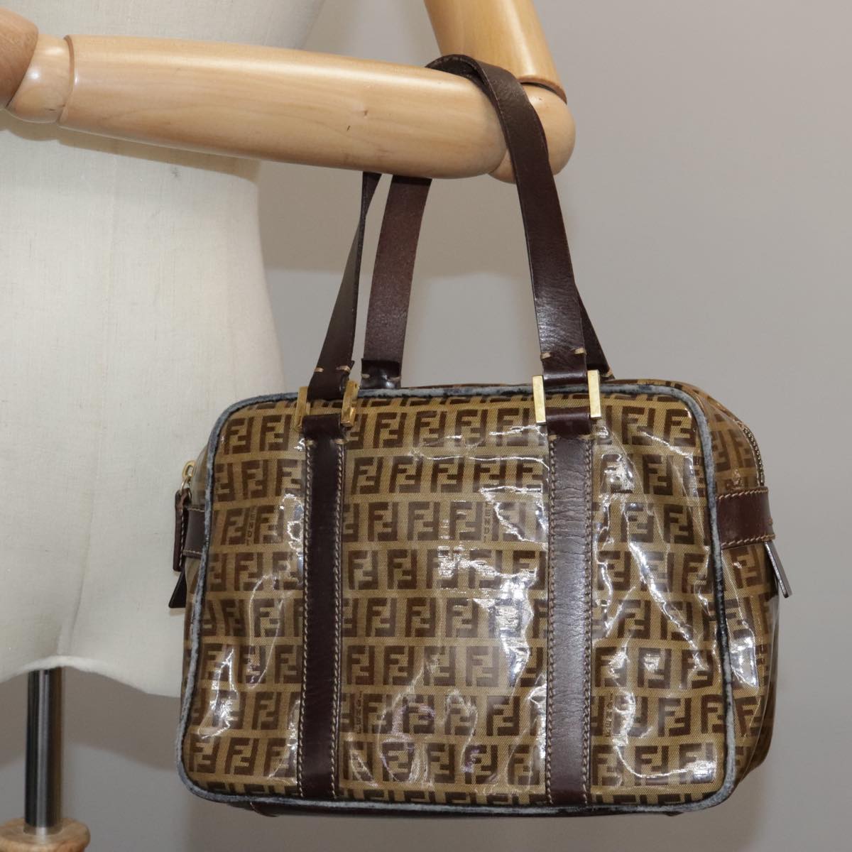 FENDI Zucchino Canvas Hand Bag Brown Gold Auth bs21516
