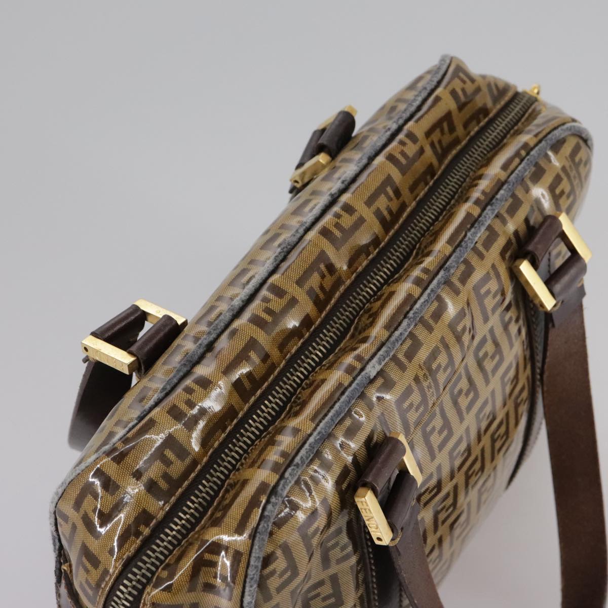 FENDI Zucchino Canvas Hand Bag Brown Gold Auth bs21516