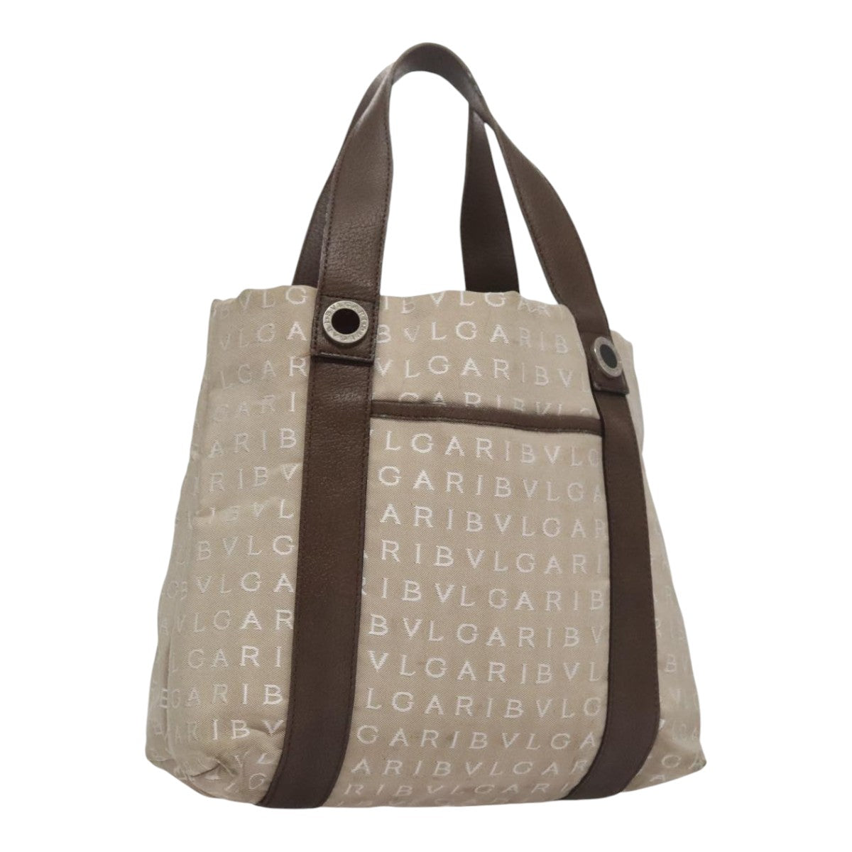 BVLGARI Tote Bag Canvas Brown Silver Auth bs21581