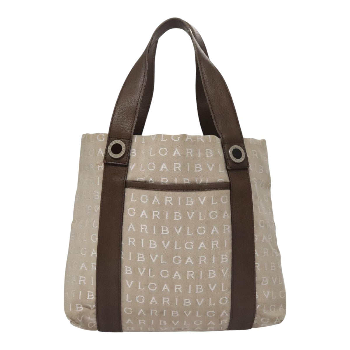 BVLGARI Tote Bag Canvas Brown Silver Auth bs21581