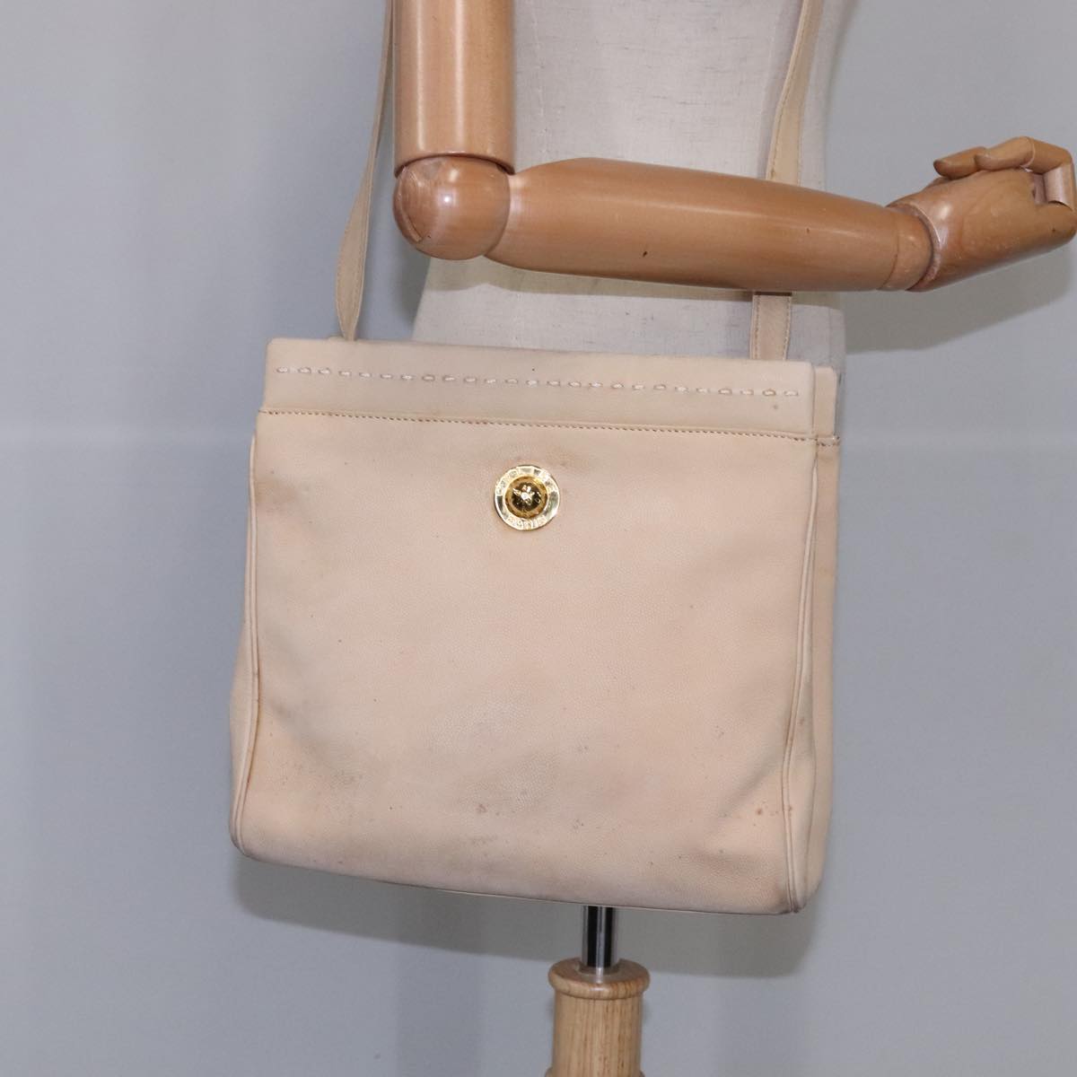 CELINE Shoulder Bag Leather Beige Auth bs21606