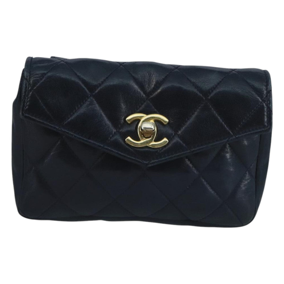 CHANEL Matelasse Waist bag Lamb Skin Navy CC Auth bs21663