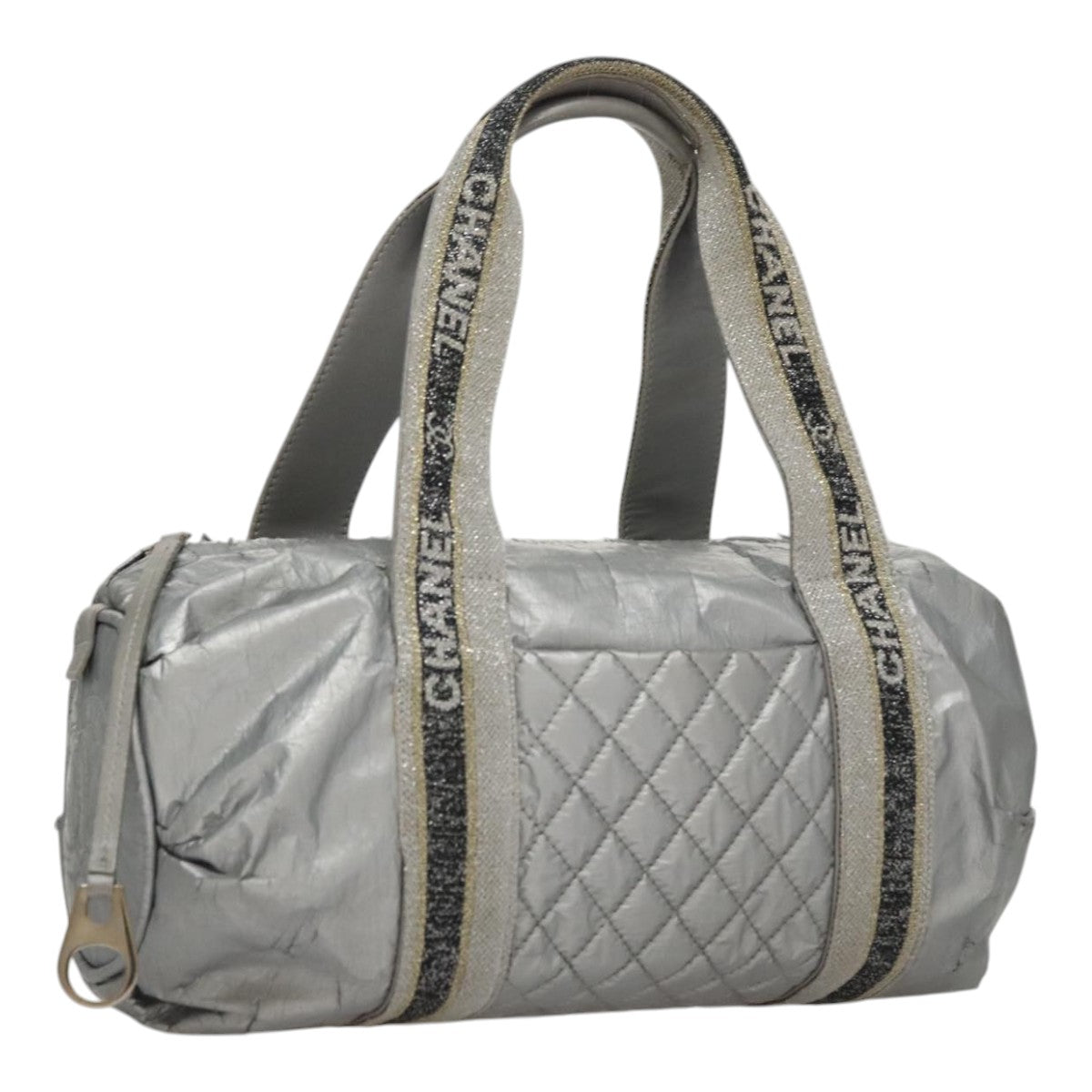 CHANEL Sports Hand Bag Coated Canvas Silver CC Auth bs21669