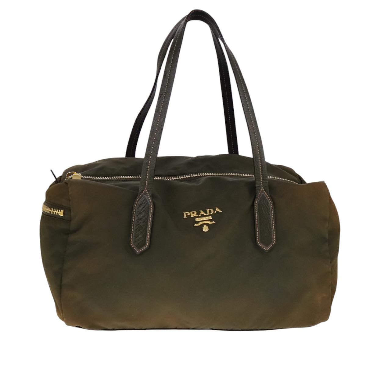 PRADA Boston Bag Nylon Khaki Gold Auth bs21678
