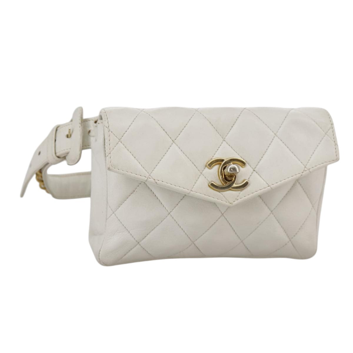 CHANEL Matelasse Waist bag Lamb Skin White CC Auth bs21712